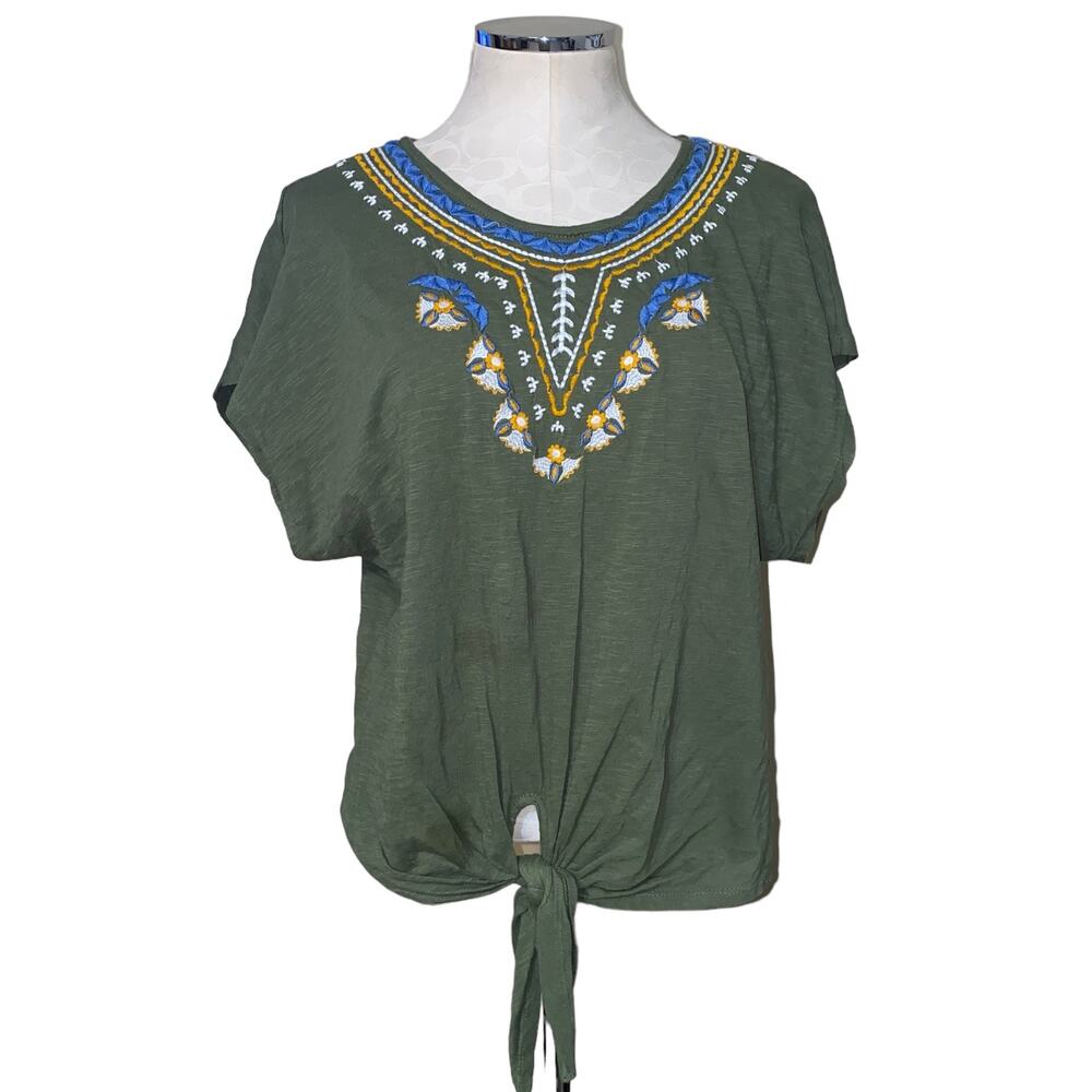 Max Studio Green Embroidered Tie Hem Boho Peasant Top Size L